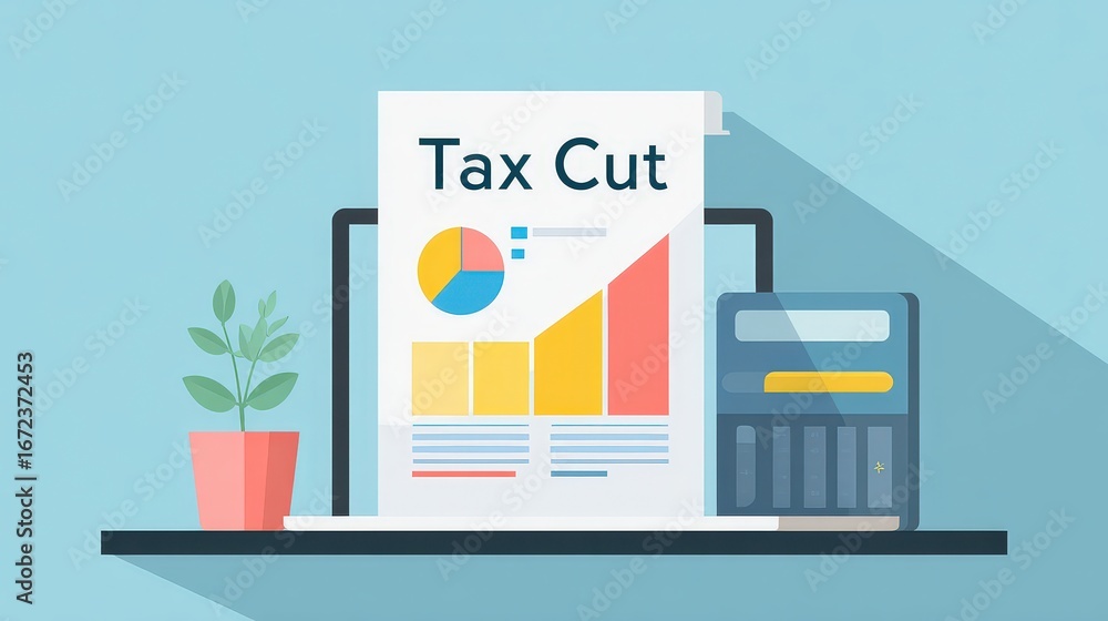 Poster flat design infographic showing tax cut with graphs and calculations for financial analysis and plan