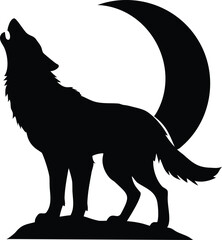 Majestic Silhouette A Lone Wolf Howling at a Crescent Moon, Evoking Wilderness, Mystery, and the Call of the Wild