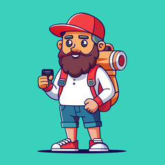 “Cartoon Vector Illustration of Bearded Traveler Man with Camera and Backpack”