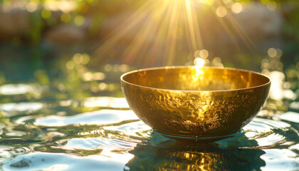 Golden Singing Bowl on Water — Spa Wellness Scene, Sunlit Ripples & Bokeh