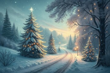 Enchanting snowy forest scene with a decorated christmas tree