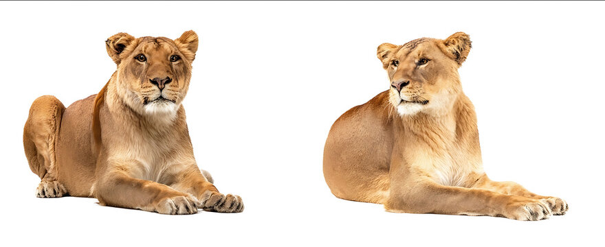 3 photographs of a beautiful lioness sitting on a white background in different poses fullbody shots looking directly at the camera photorealistic highresoluti