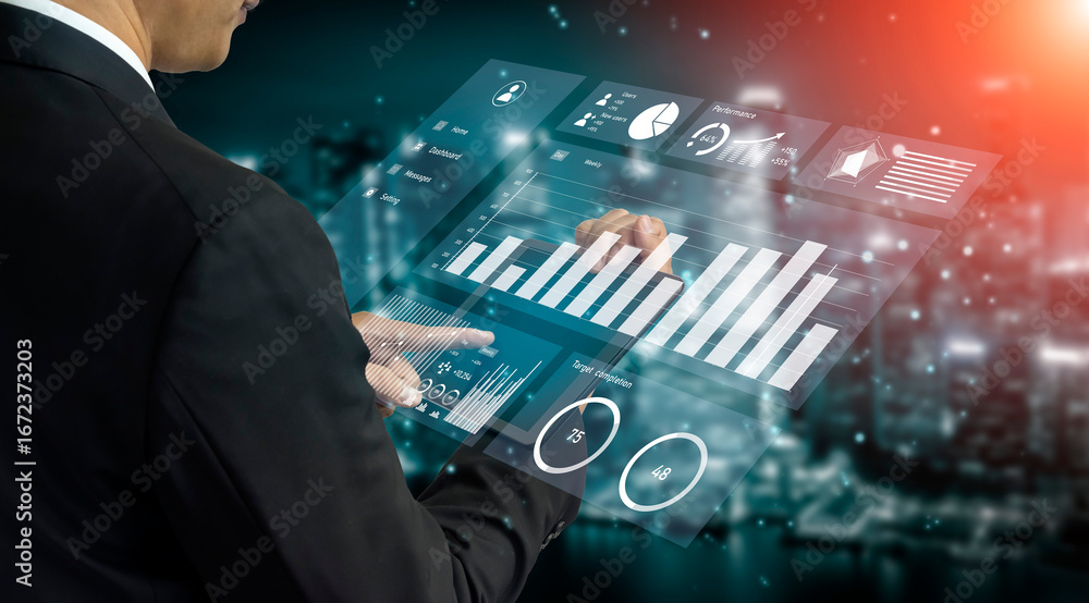 Poster a business professional interacts with a digital analytics display, showcasing data insights and per