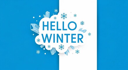 Hello Winter greeting card design, blue and white, for seasonal promotions