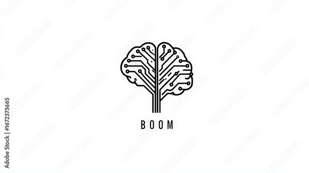 Poster intricate line art drawing of a brain with circuits in a minimalist style and modern touch