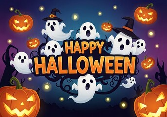 Photo of spooky halloween night scene with ghostly figures, glowing pumpkins, and eerie trees creating a thrilling and festive atmosphere for holiday celebrations