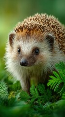 Fototapeta premium Curious hedgehog exploring lush green foliage in a peaceful forest setting during daylight