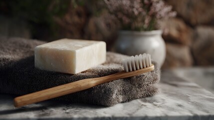 Eco friendly bamboo toothbrush and natural soap on rustic surface