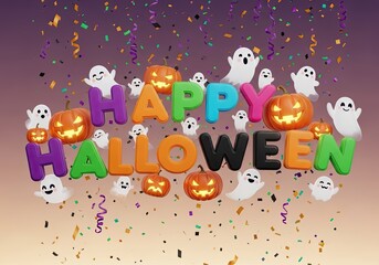 Fototapeta premium Photo of happy halloween with cute ghosts, pumpkins, and colorful confetti, perfect for holiday themed designs, invitations, and decorations for a spooky celebration