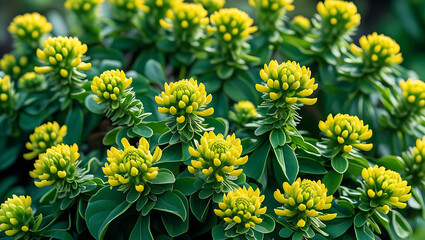 Close up shot of rhodiola rosea plant with its vibrant yellow flowers and fresh green leaves in nature