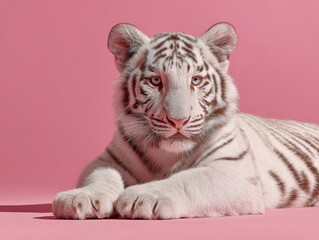 White tiger resting on pink background with calm expression showcasing its striking features and unique coloration