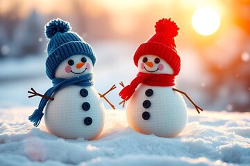 Cute Handmade Snowmen with Colorful Winter Hats on Snowy Holiday Scene
