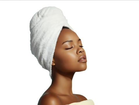 A portrait of an African American woman with her eyes closed wearing a white towel on her head and wrapped in a soft fabric over her shoulders isolated against