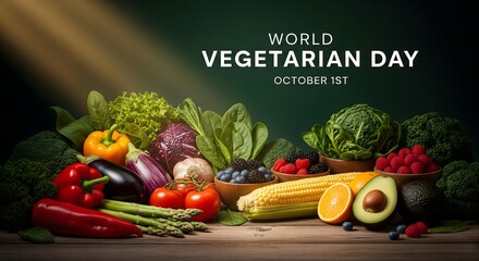 Abundant fresh vegetables and fruits display for world vegetarian day celebration