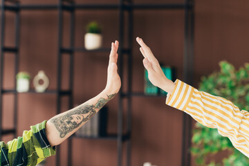 Casual high-five gesture between friends showcasing style and tattoos in home interior setting,...