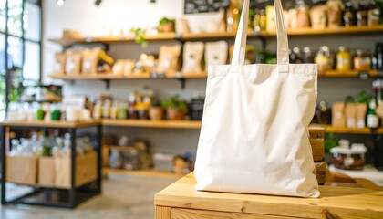 A blank, white canvas tote bag sits on a wooden surface in a brightly lit store.