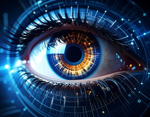 Close-up of a digitally enhanced eye, glowing with futuristic circuitry