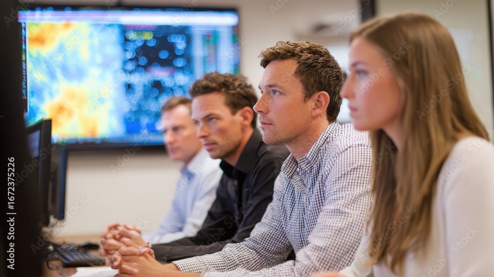 Poster corporate team of economists analyzing data in modern office setting with advanced technology