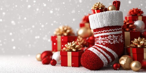 Festive holiday stocking surrounded by beautifully wrapped gifts and decorations in a cozy winter atmosphere
