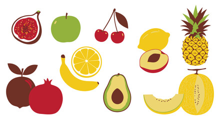 A colorful illustration of various fresh fruits on a white background
