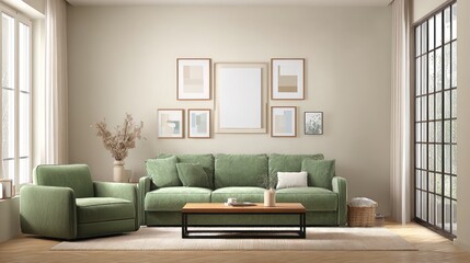 Modern Green Sofa Living Room with Natural Light and Wall Art