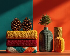 New year atmosphere, New year decoration cozy winter decorate with knit blanket and pinecone