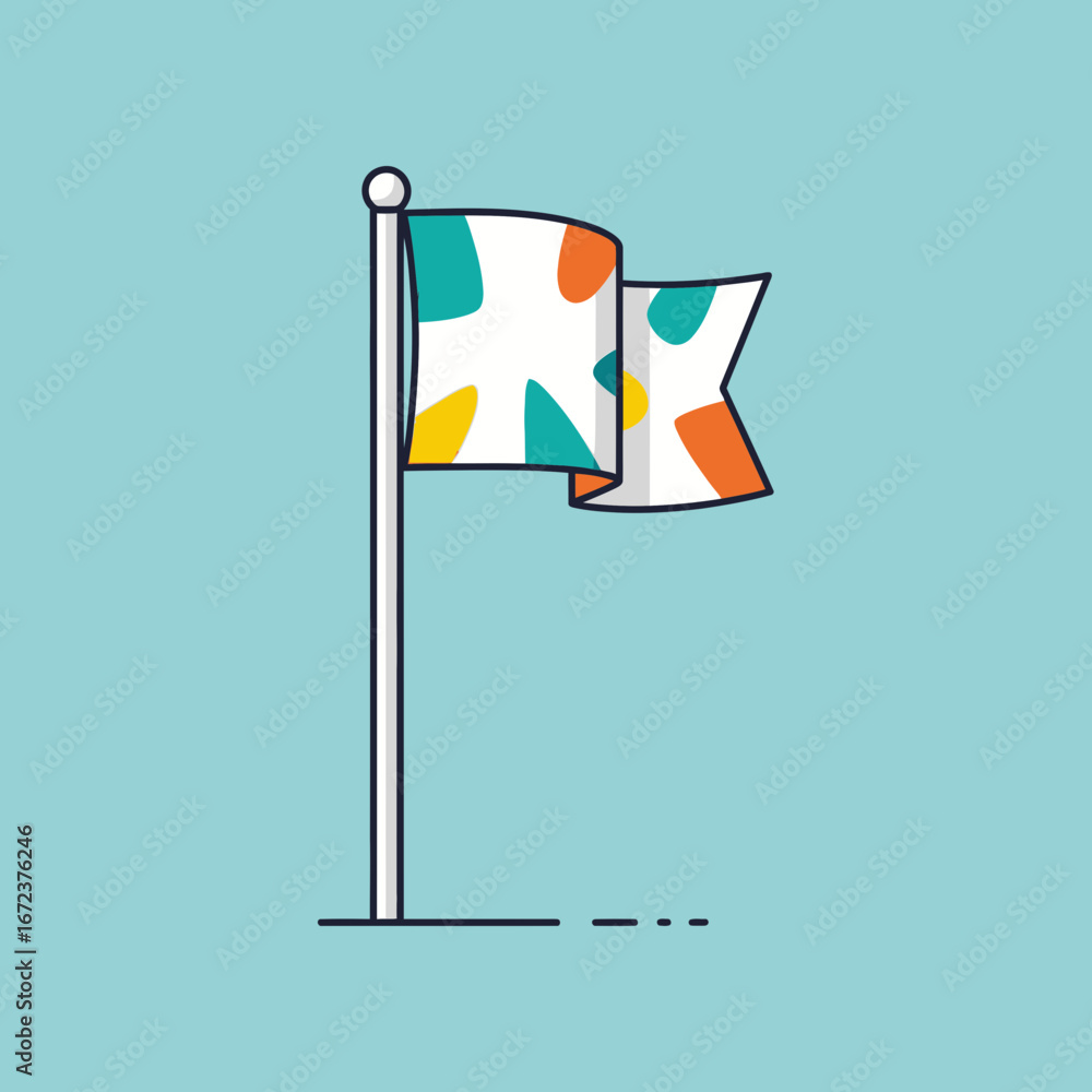 Poster a flag with a colorful abstract pattern flies on a pole.