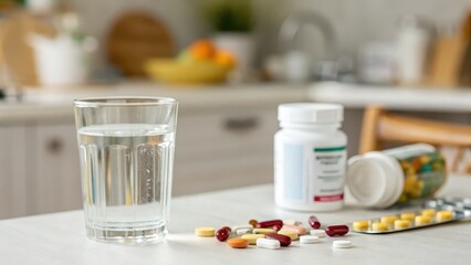 Assorted Pills and Glass of Water on Kitchen Table