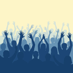 Crowd of people with raised hands celebrating under a gradient sky.