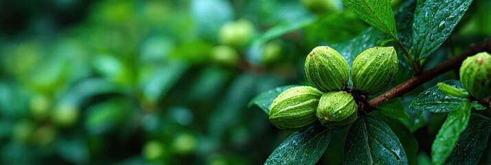 Exploring the lush greenery and developing fruits in a serene forest setting during a rainy morning