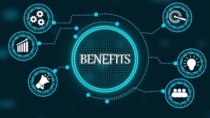 Digital infographic network diagram with the word BENEFITS in the center benefits technology - Powered by Adobe