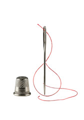 Polished steel sewing needle at 45-degree angle with vibrant red silk thread unspooling next to a reflective silver thimble on a clean transparent background, concept of precision and craftsmanship