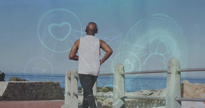 Animation of network of connections over couple running outdoors