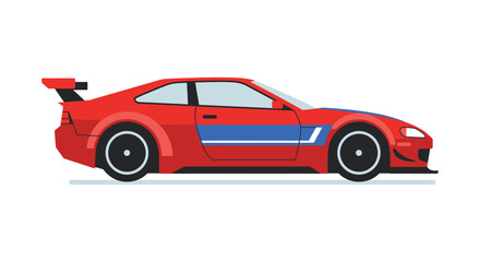 Red sports car with blue stripe and spoiler on white background