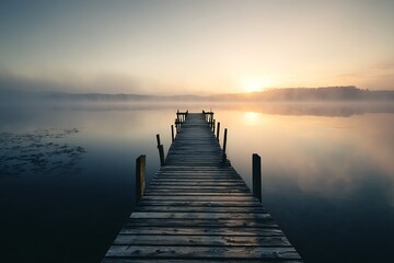 Fototapeta premium peaceful wooden dock stretching into foggy lake at dawn 