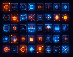 Collection of 40 futuristic, glowing square HUD interface elements in orange and blue