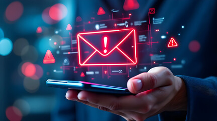 Digital envelope icon hovering over smartphone showing security alerts