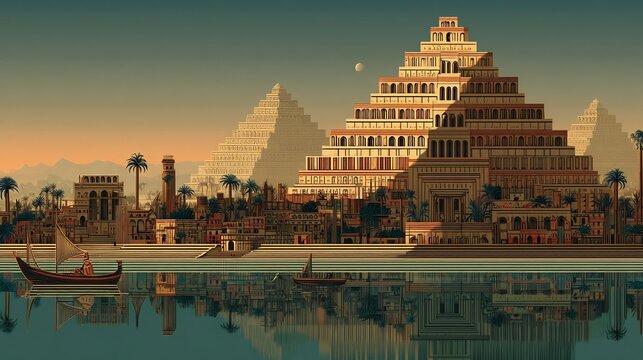 Ancient Babylon rise fall in a continuous vector timeline with ziggurats and culture