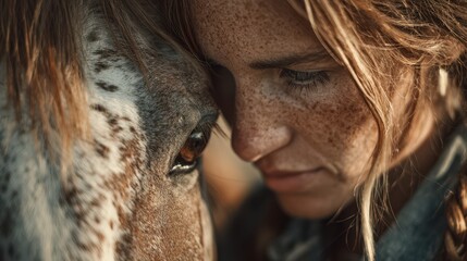 Emotional connection between a woman and a horse in a serene countryside setting during the golden hour
