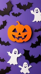 Fototapeta premium Purple Halloween paper decor: pumpkins & ghosts on vertical background