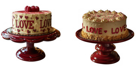 Two romantic cakes decorated with the word love and hearts, presented on red cake stands, isolated on transparent background