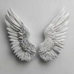 Fototapeta premium A pair of intricately sculpted angel wings, spread gracefully. The wings are a textured, capturing light and shadow