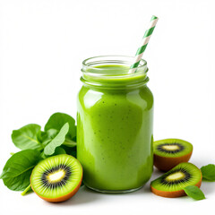 smoothie jar with straw, tropical fruity shake, refreshing organic beverage, healthy vegan detox drink, summer fresh blend, isolated on clean white background