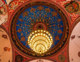 Obraz premium Ornate ceiling with vibrant colors and a stunning chandelier.