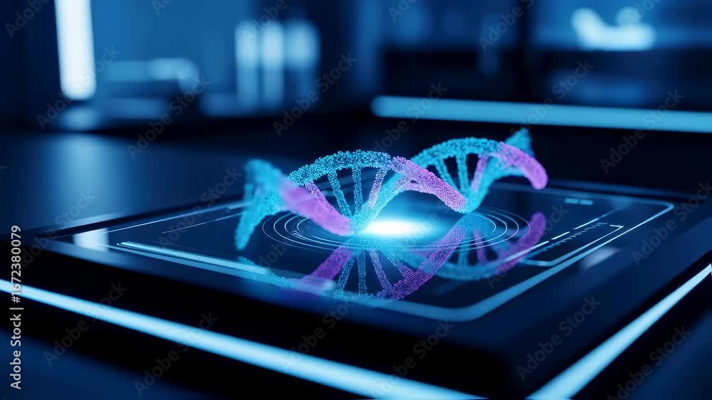 Poster digital dna double helix on tablet screen with glowing light effect. science visualization for genet