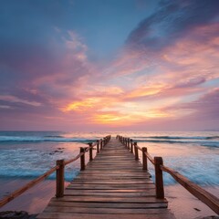 Obraz premium A scenic view of a wooden pier extending out into the ocean during a vibrant sunset, offering a sense of tranquility and adventure
