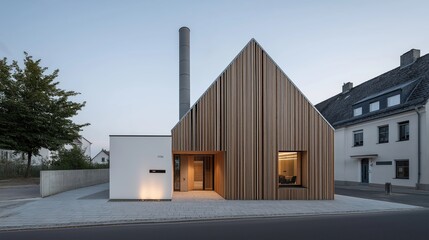 Fototapeta premium Contemporary house exterior with wood panel facade and large window