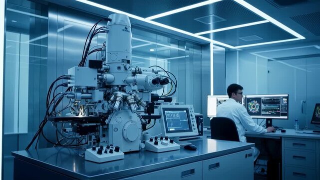Male scientist operates scanning electron microscope and computer in modern high-tech laboratory, science research footage.