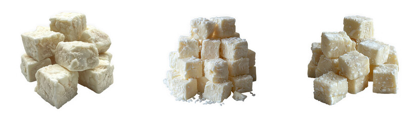 A pile of white cubes, possibly cheese or tofu, isolated on a transparent background, presented in a studio setting for a clean product shot