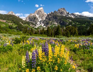 A vibrant meadow of lupines and wildflowers extends towards majestic mountains under a bright summer sky.